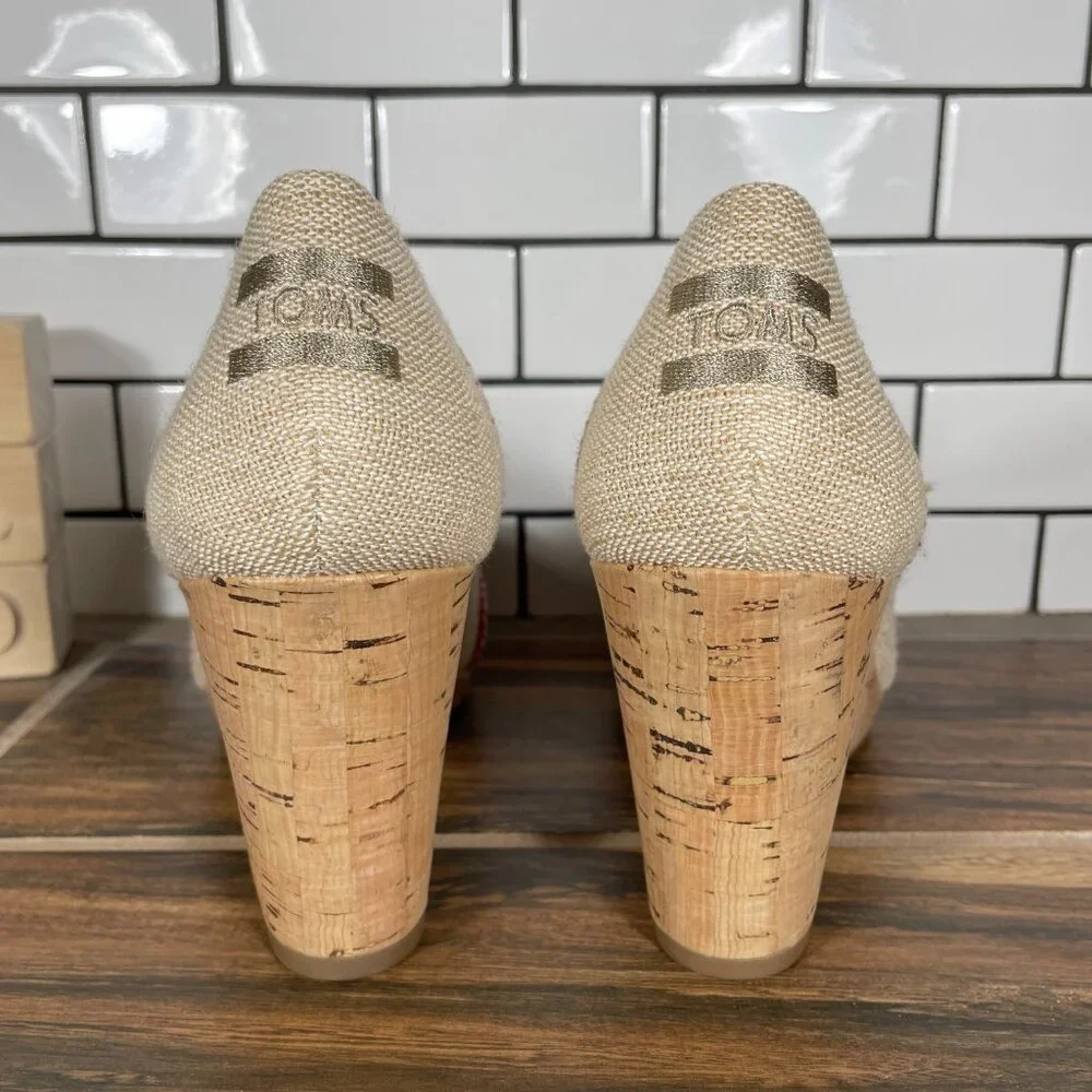 Toms Stella Womens Size 9.5 Shoes Natural Burlap Embroidery Peep Toe Wedge Heel
